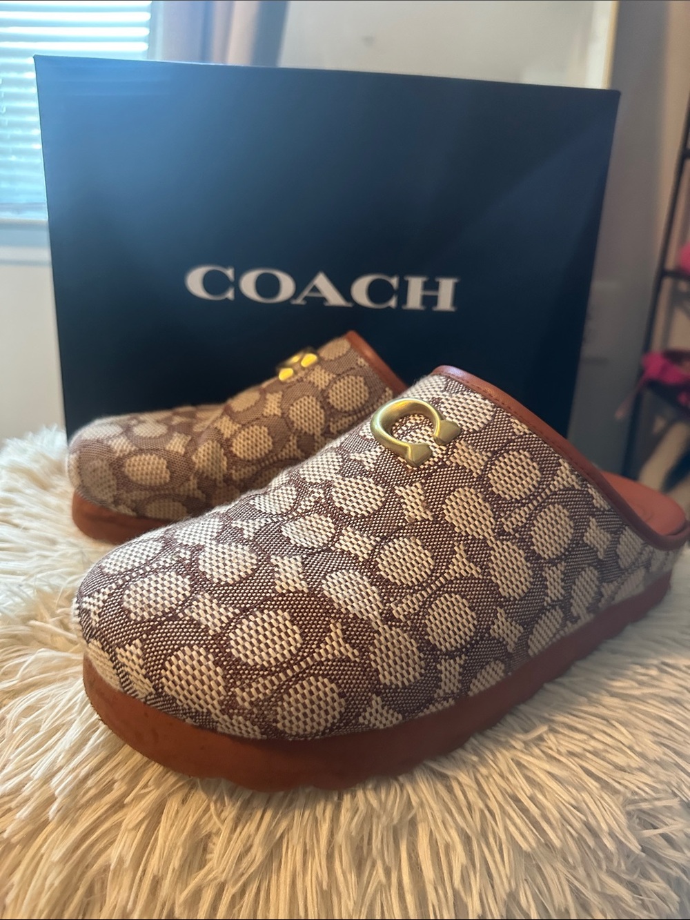 Coach Kids Brown Signature Logo Slip-On Clogs with Gold Accent